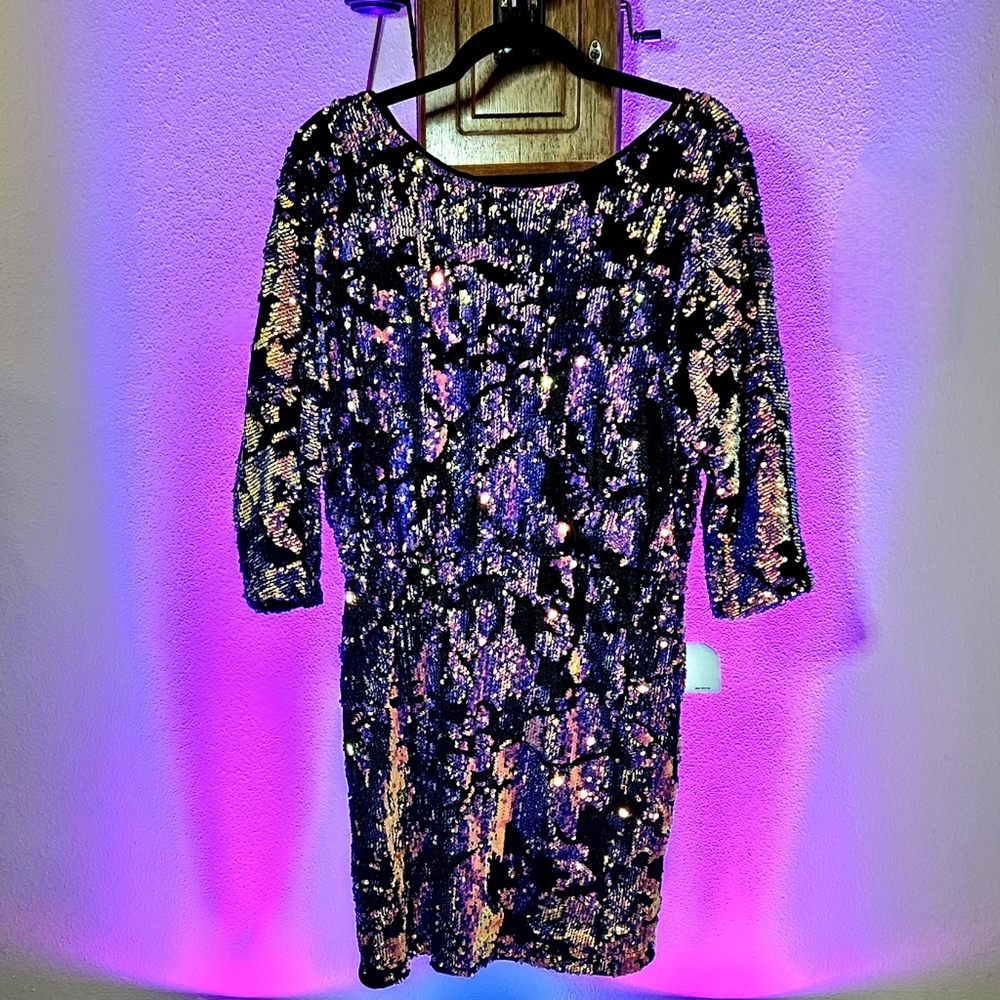 Urban Outfitters Black and Multicolor Sequin Mid Sleeve Mini Dress